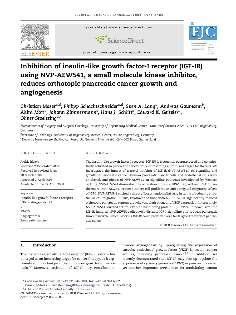 Inhibition of insulin-like growth factor-I receptor (IGF-IR) using NVP-AEW541, a small molecule kinase inhibitor, reduces orthotopic pancreatic cancer growth and angiogenesis