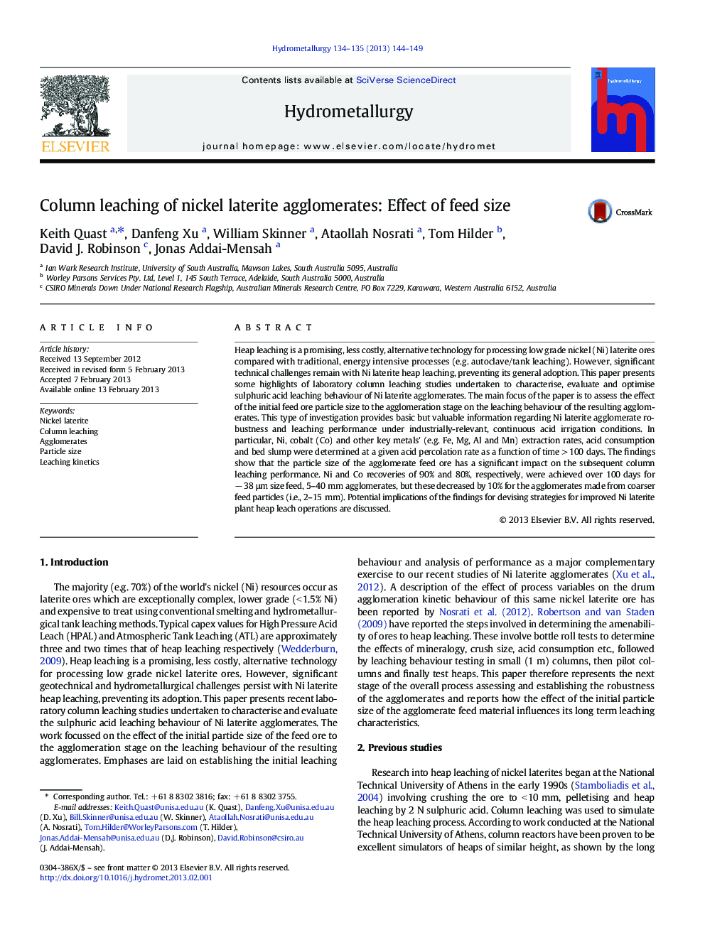 Column leaching of nickel laterite agglomerates: Effect of feed size