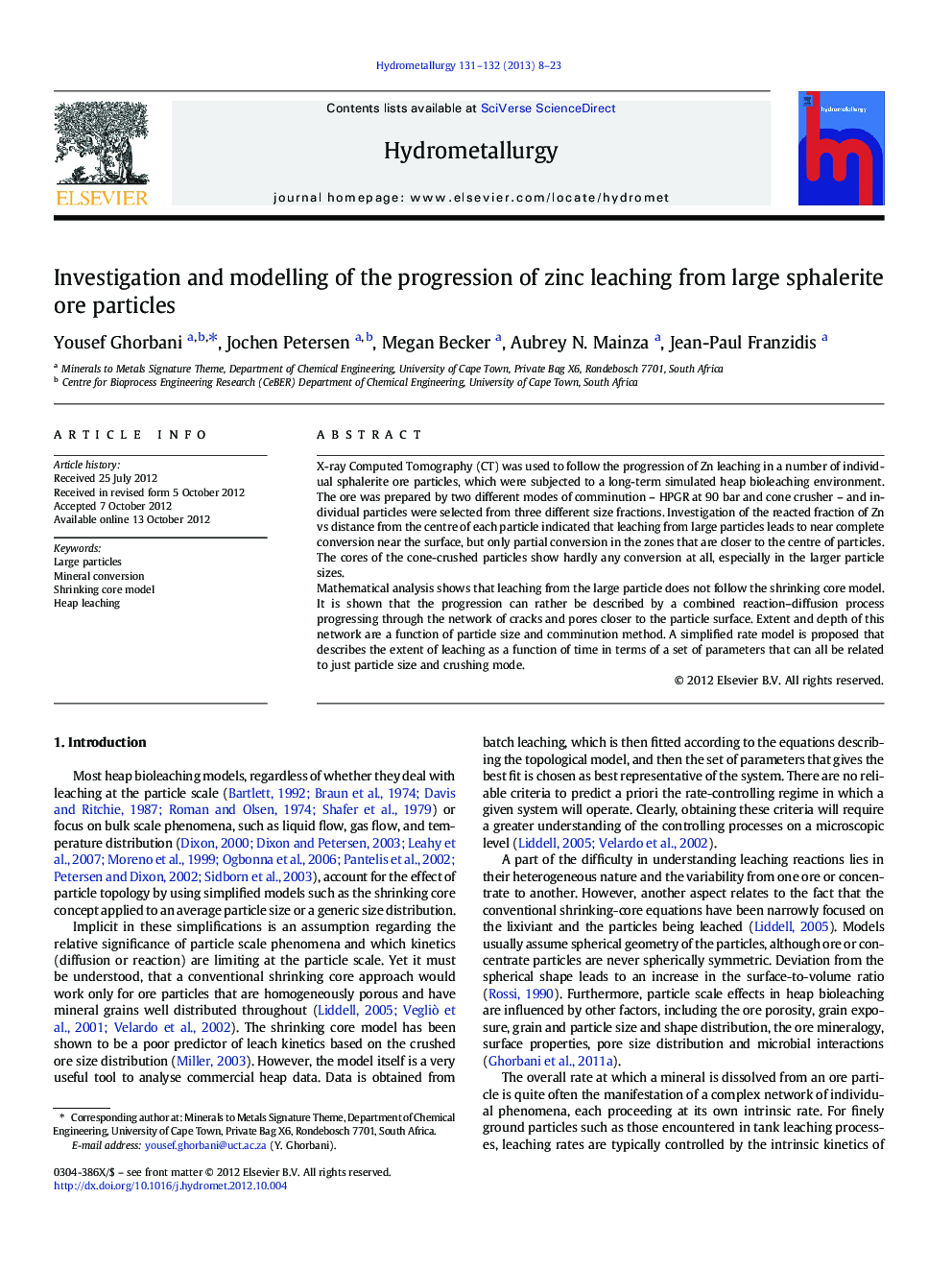 Investigation and modelling of the progression of zinc leaching from large sphalerite ore particles