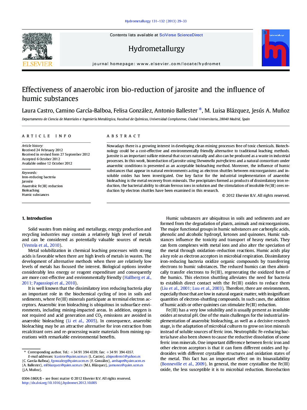 Effectiveness of anaerobic iron bio-reduction of jarosite and the influence of humic substances