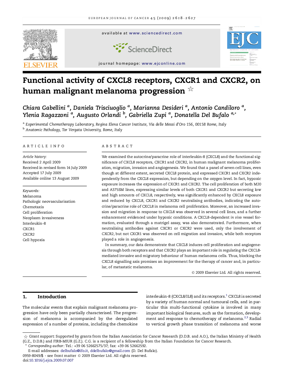 Functional activity of CXCL8 receptors, CXCR1 and CXCR2, on human malignant melanoma progression 