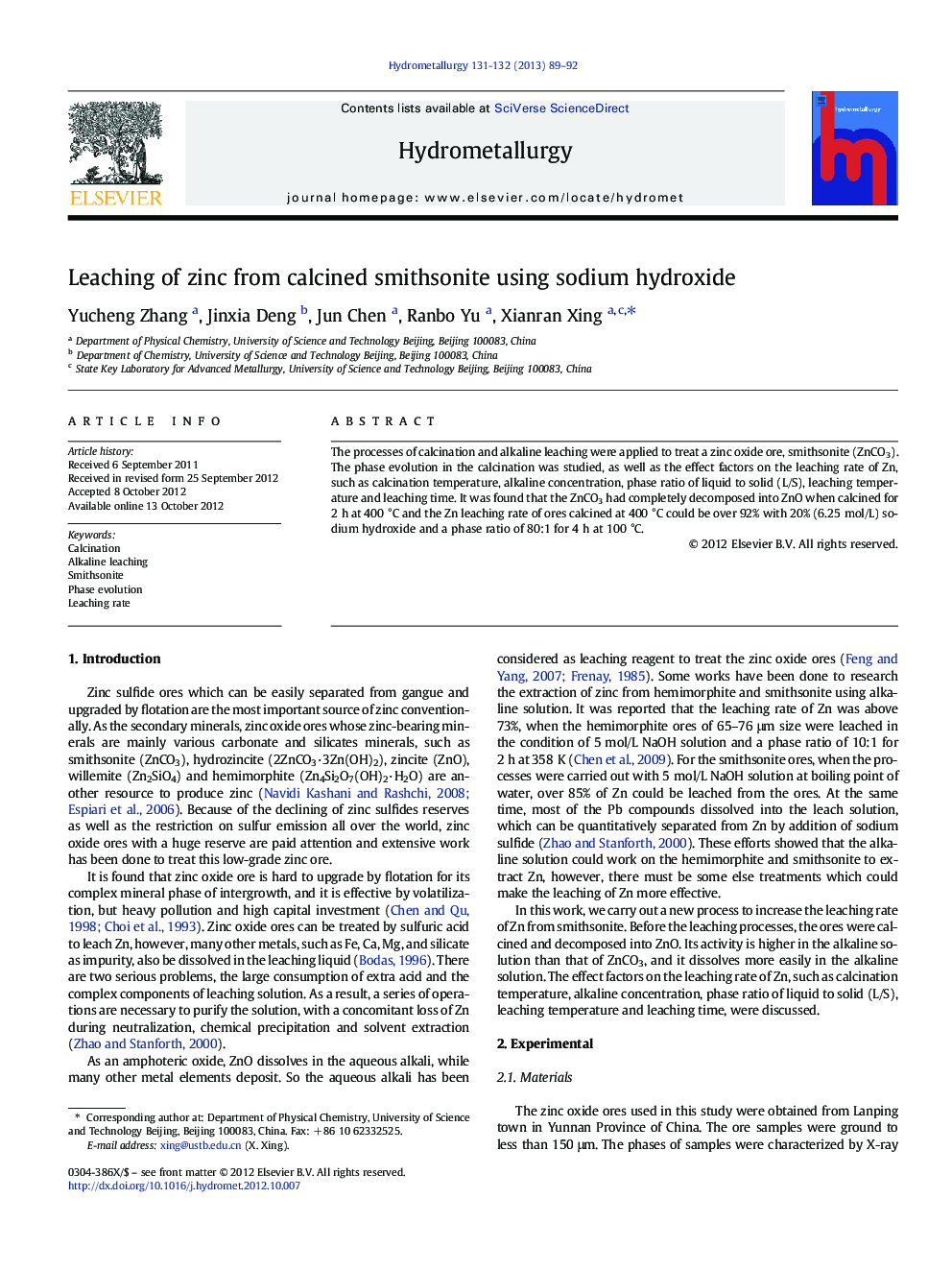 Leaching of zinc from calcined smithsonite using sodium hydroxide