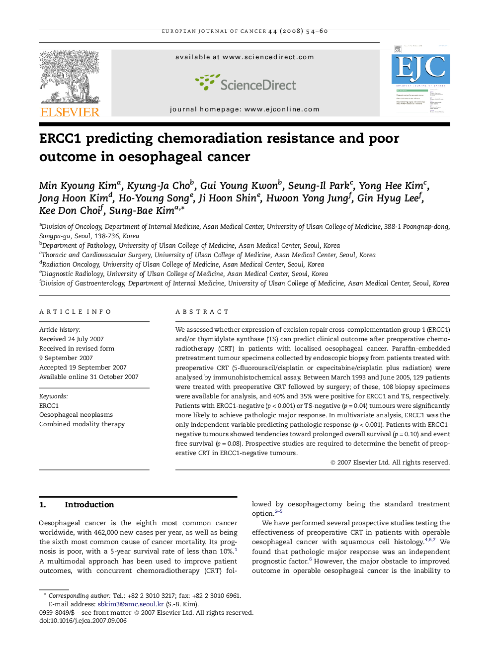 ERCC1 predicting chemoradiation resistance and poor outcome in oesophageal cancer