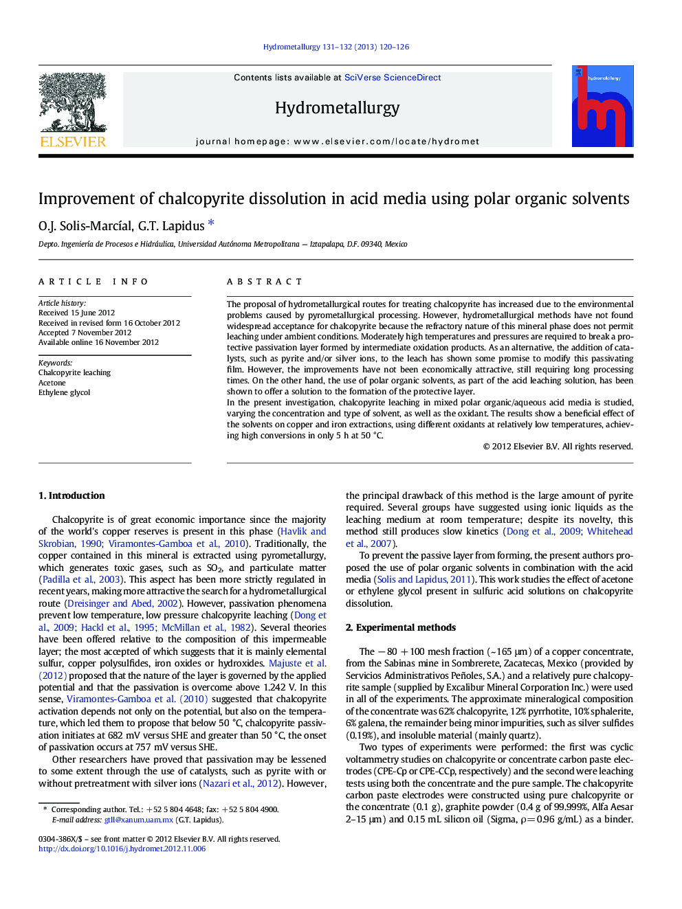 Improvement of chalcopyrite dissolution in acid media using polar organic solvents