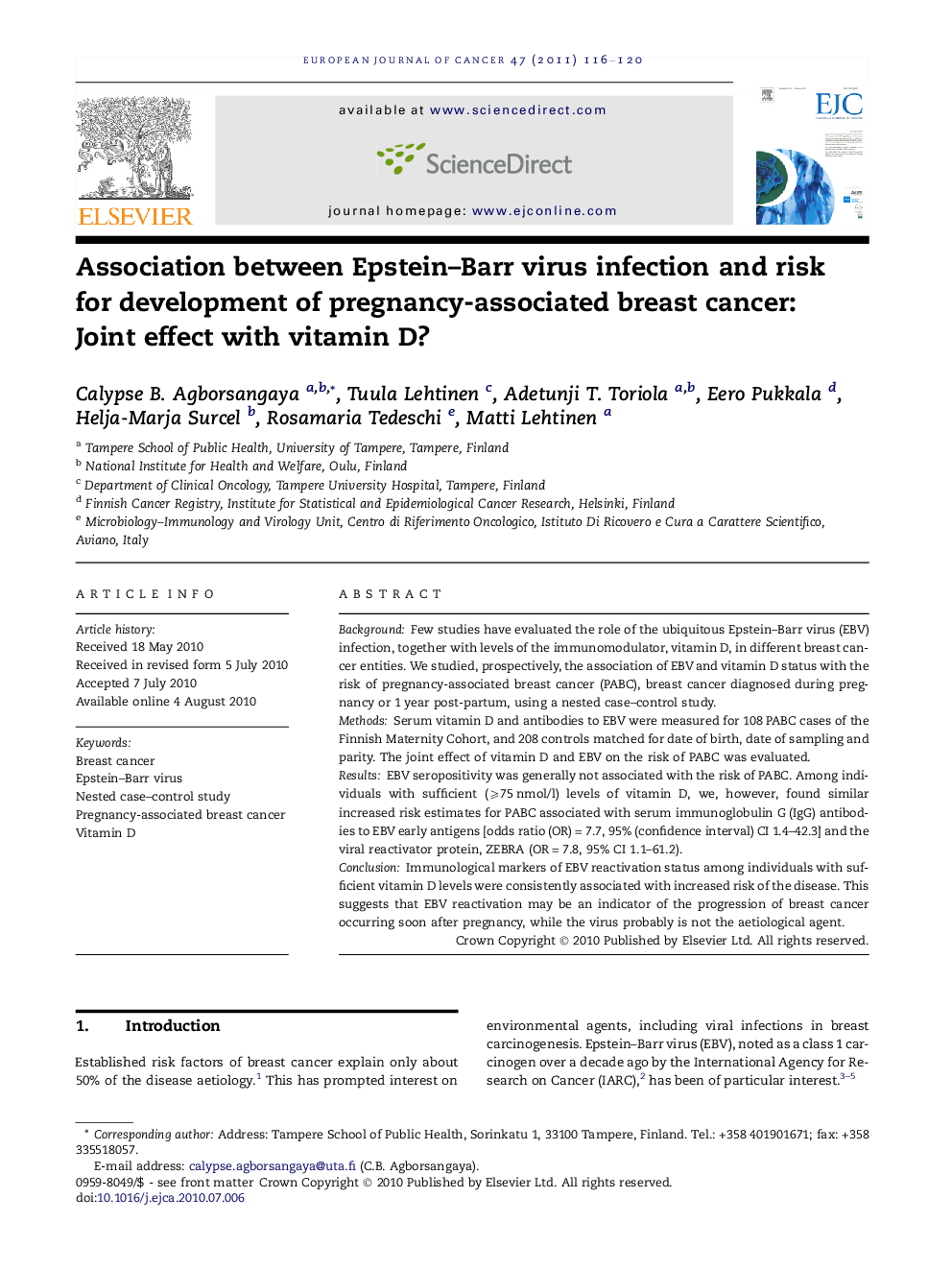 Association between Epstein-Barr virus infection and risk for development of pregnancy-associated breast cancer: Joint effect with vitamin D?