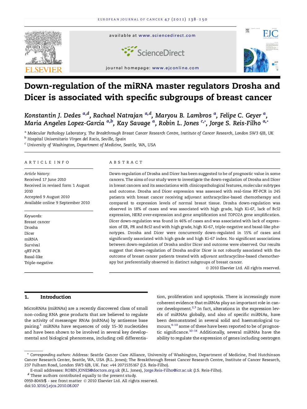 Down-regulation of the miRNA master regulators Drosha and Dicer is associated with specific subgroups of breast cancer