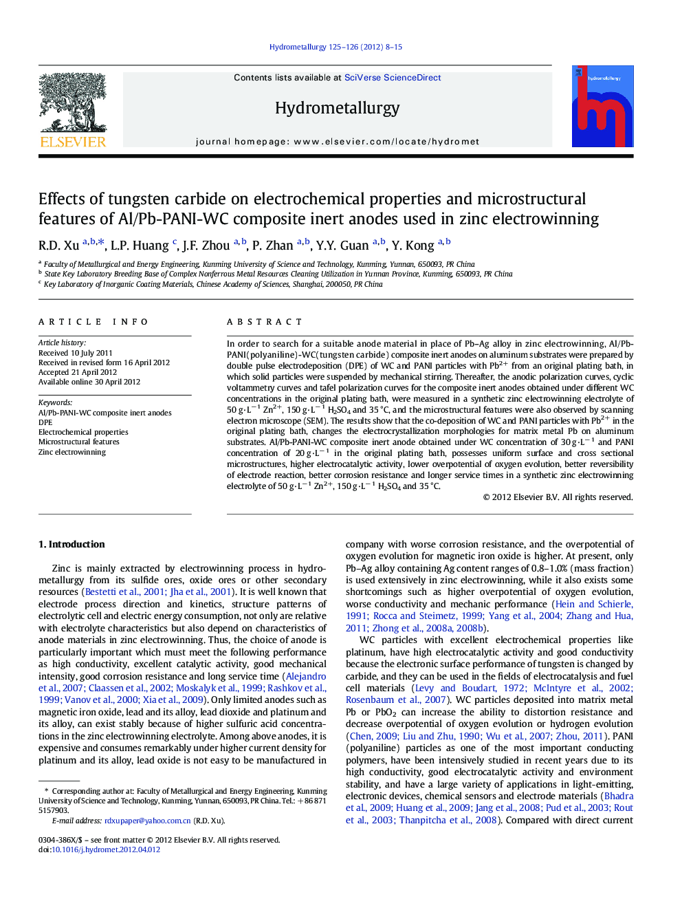 عکس صفحه اول مقاله: Effects of tungsten carbide on electrochemical properties and microstructural features of Al/Pb-PANI-WC composite inert anodes used in zinc electrowinning Effects of tungsten carbide on electrochemical properties and microstructural features of Al/Pb-PANI-WC composite inert anodes used in zinc electrowinning