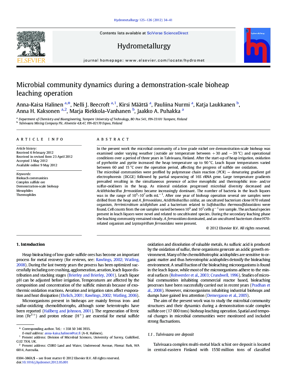 Microbial community dynamics during a demonstration-scale bioheap leaching operation