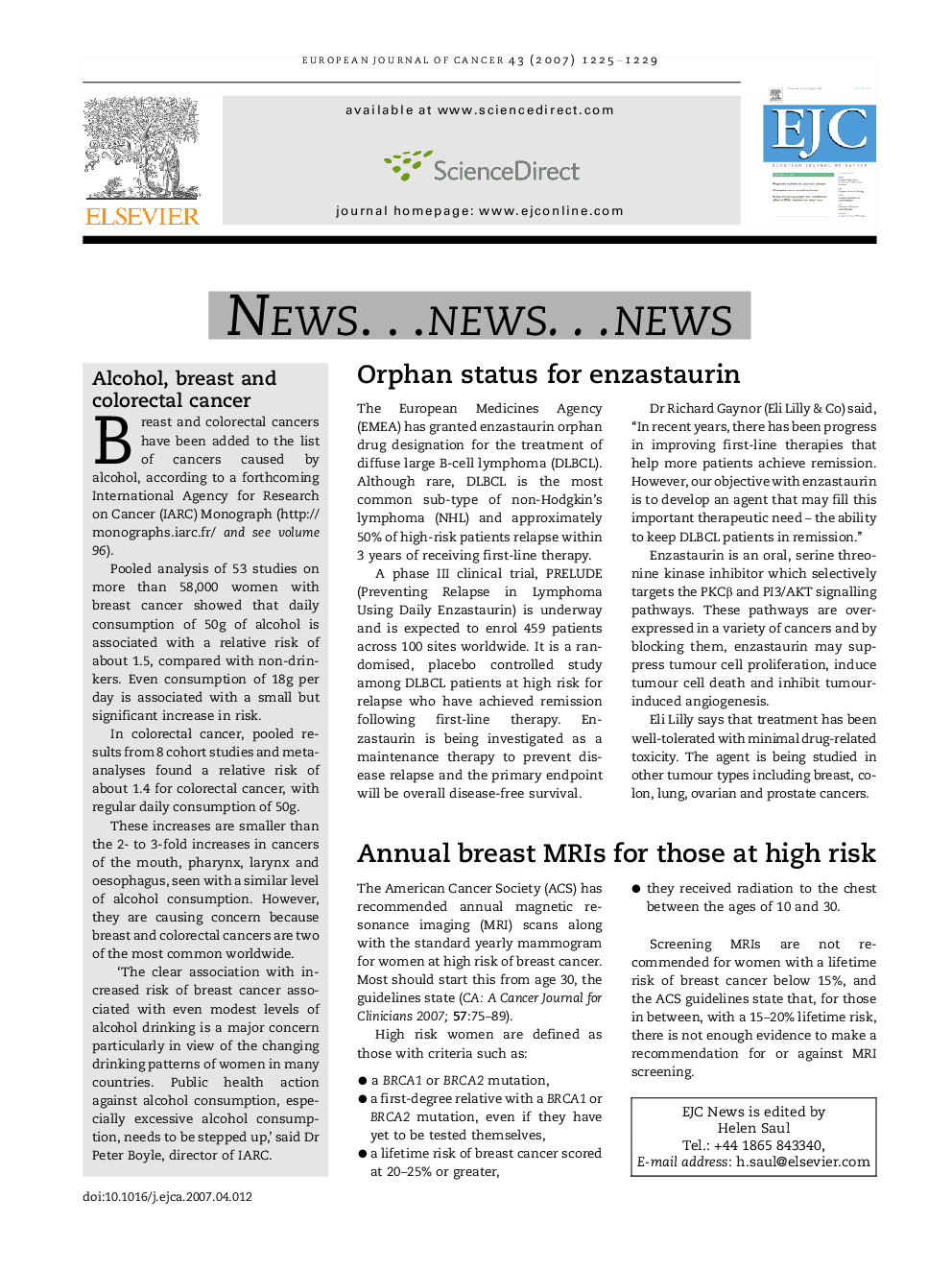 European journal of cancer, news section, issue 8, 2007