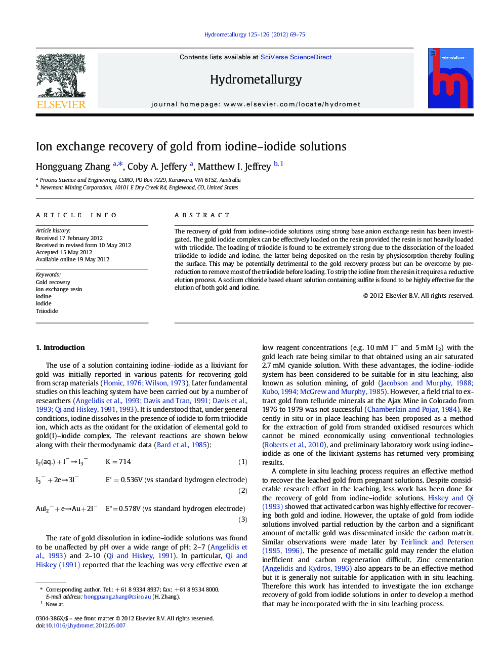 Ion exchange recovery of gold from iodine–iodide solutions