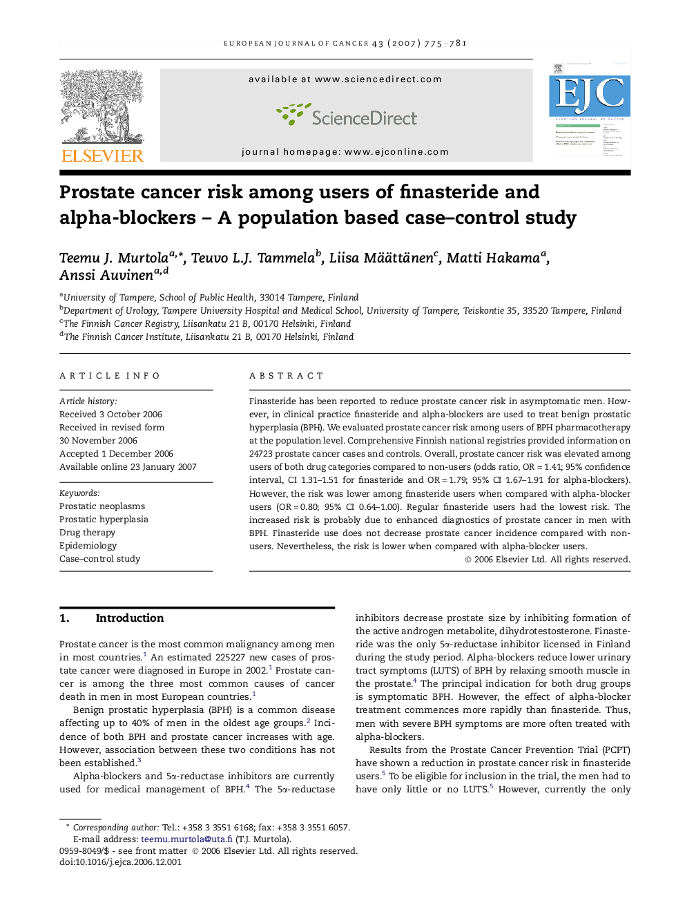 Prostate cancer risk among users of finasteride and alpha-blockers - A population based case-control study