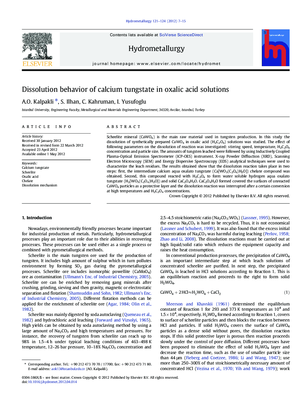 Dissolution behavior of calcium tungstate in oxalic acid solutions