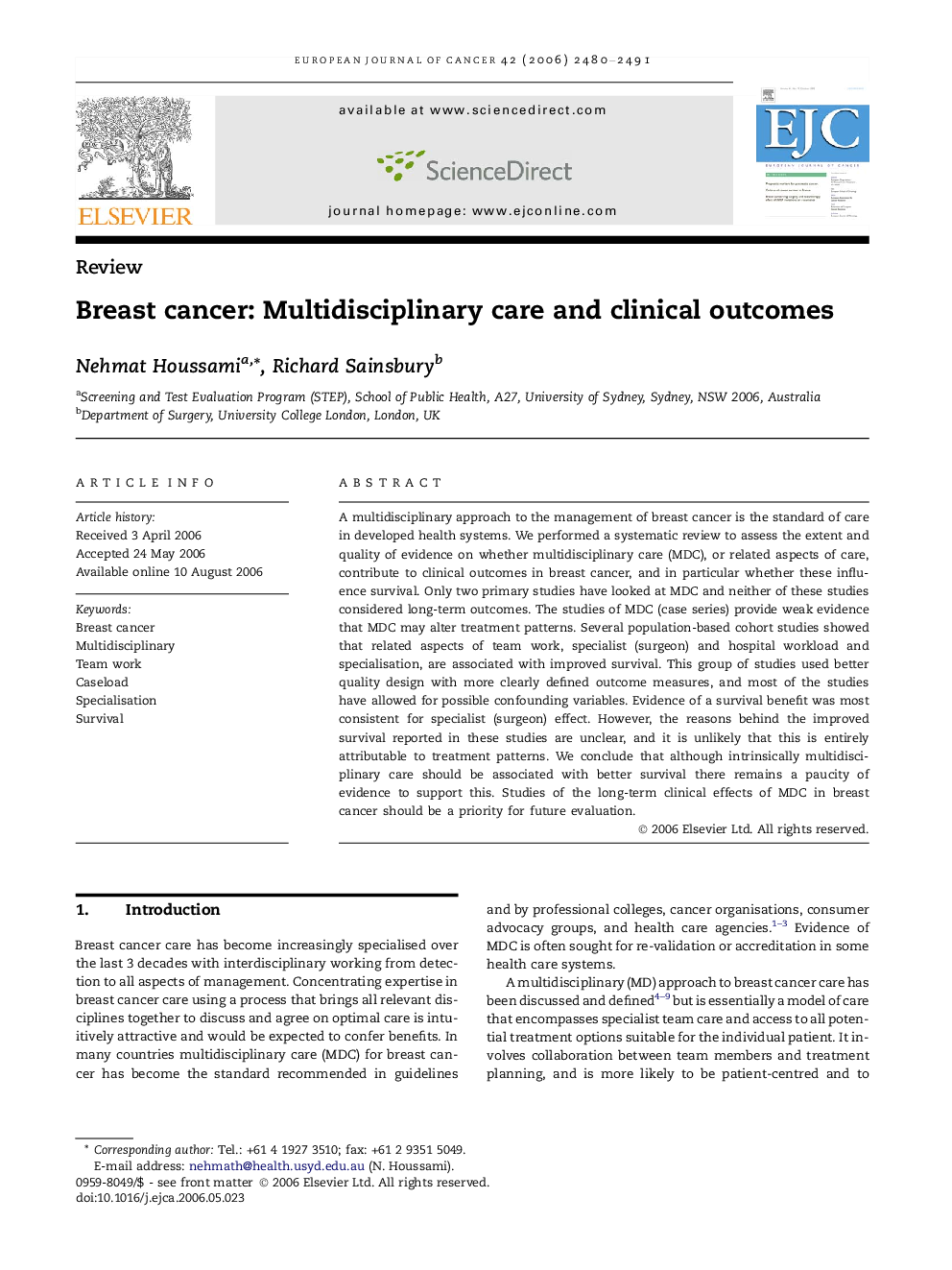 Breast cancer: Multidisciplinary care and clinical outcomes