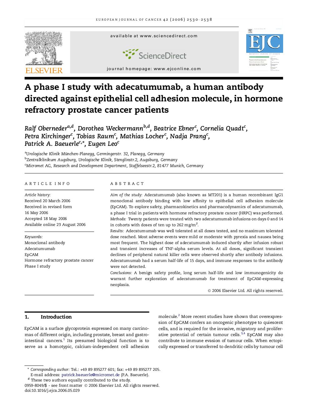 A phase I study with adecatumumab, a human antibody directed against epithelial cell adhesion molecule, in hormone refractory prostate cancer patients