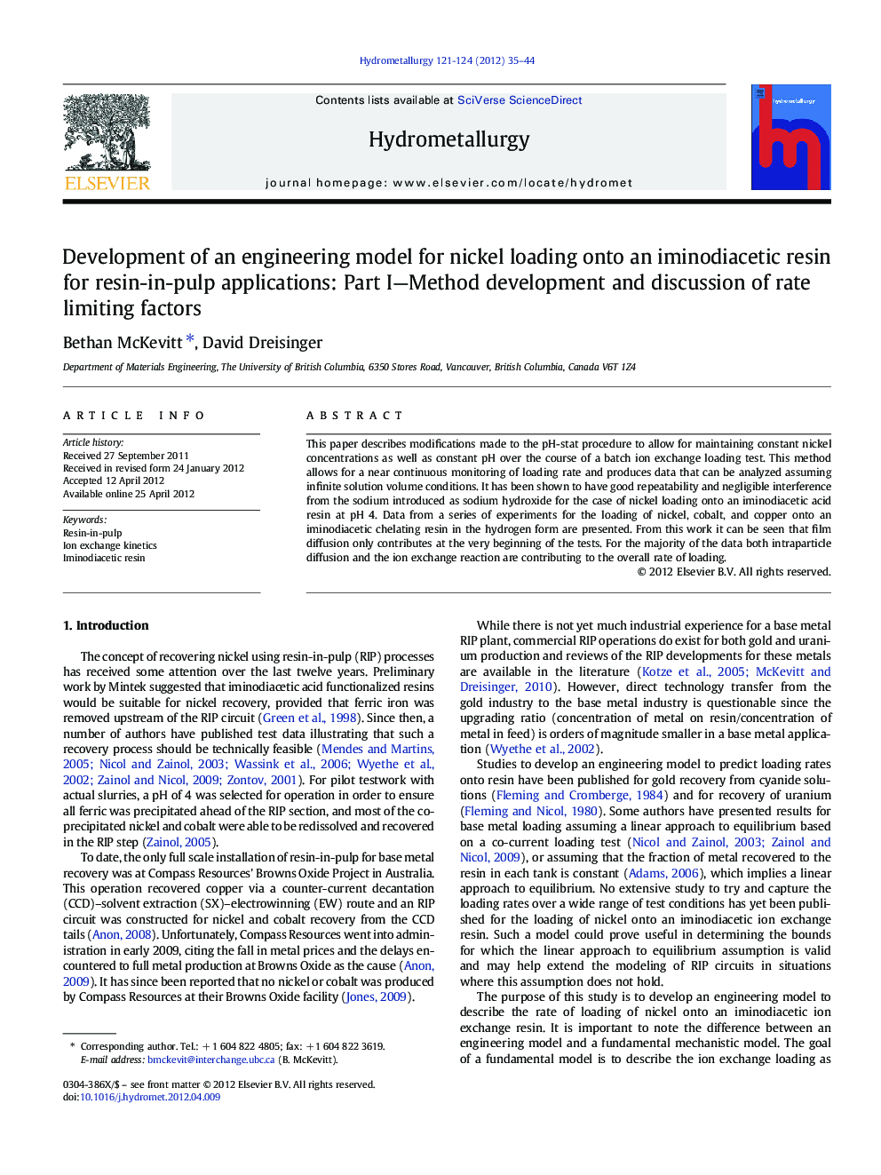 Development of an engineering model for nickel loading onto an iminodiacetic resin for resin-in-pulp applications: Part I—Method development and discussion of rate limiting factors