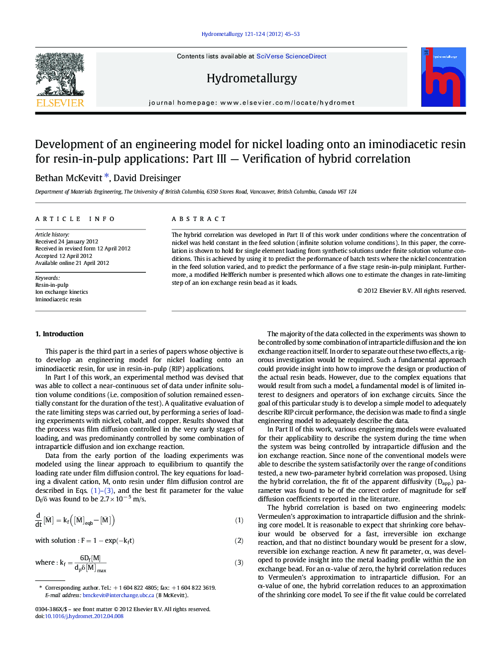 Development of an engineering model for nickel loading onto an iminodiacetic resin for resin-in-pulp applications: Part III — Verification of hybrid correlation