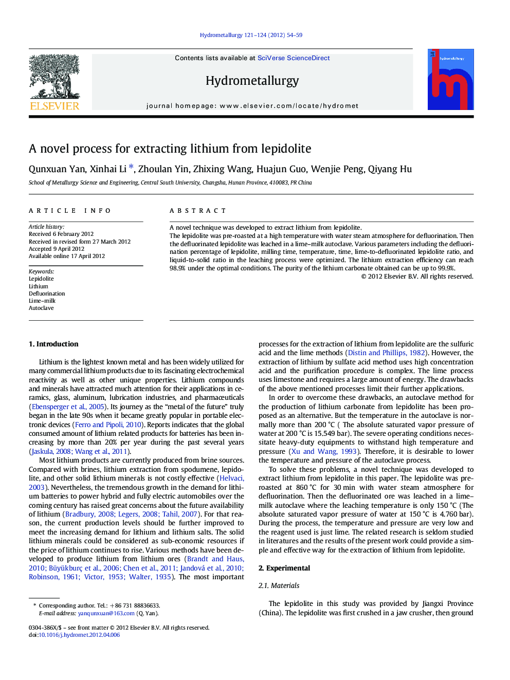 A novel process for extracting lithium from lepidolite