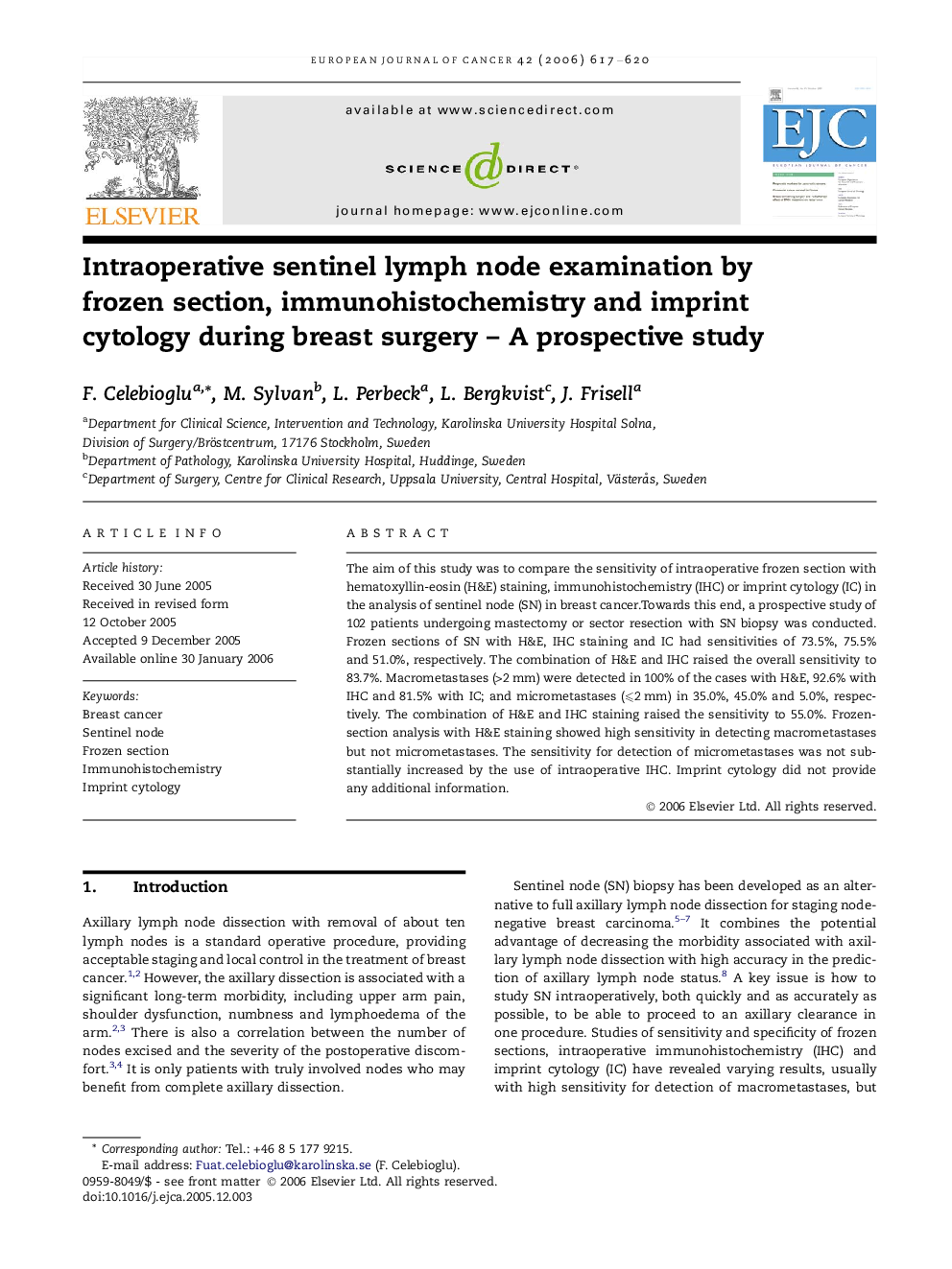 Intraoperative sentinel lymph node examination by frozen section, immunohistochemistry and imprint cytology during breast surgery - A prospective study