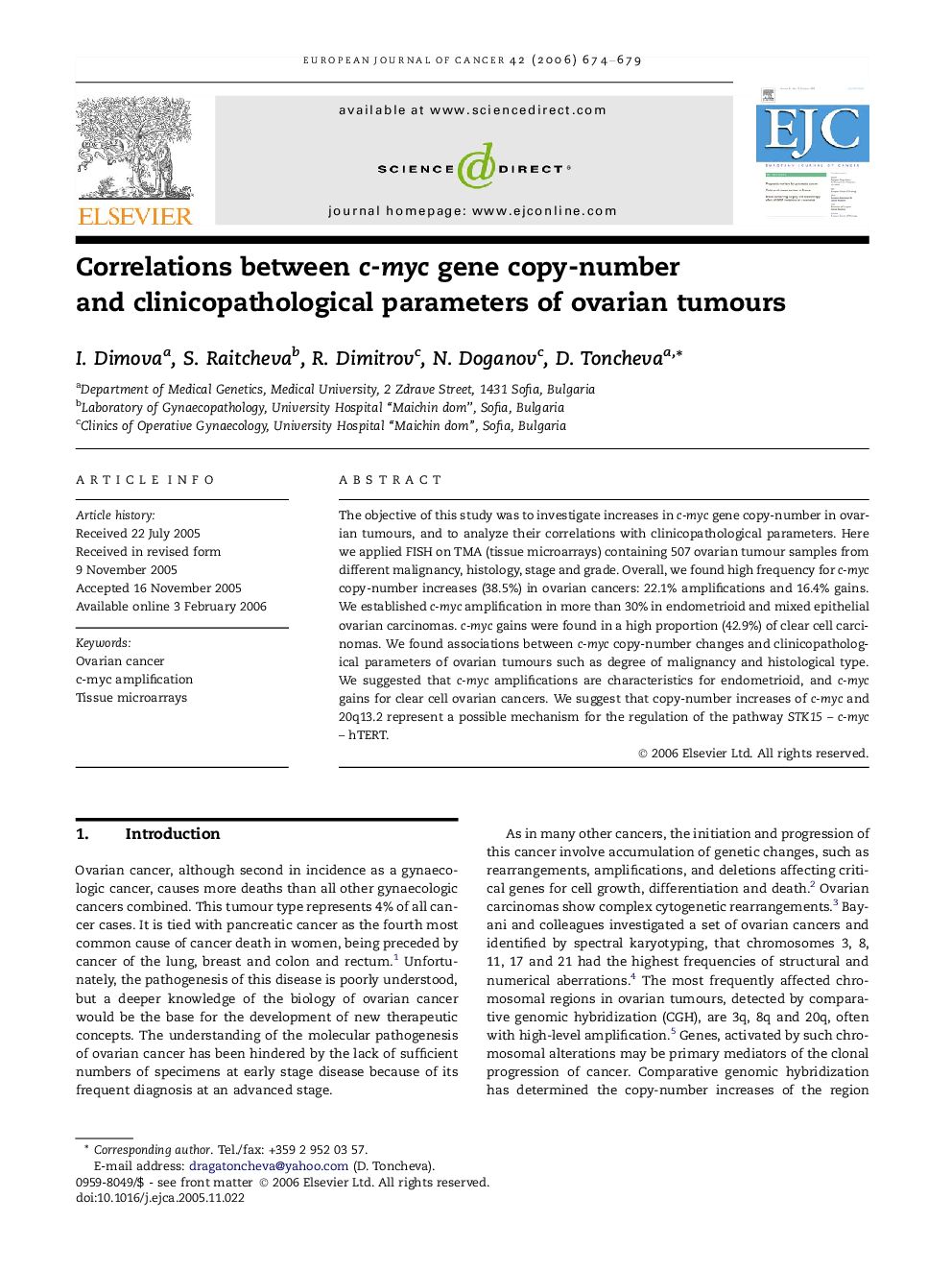 Correlations between c-myc gene copy-number and clinicopathological parameters of ovarian tumours