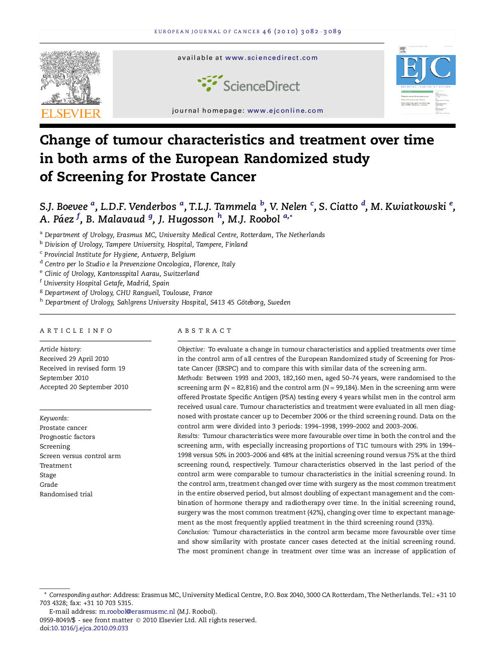 Change of tumour characteristics and treatment over time in both arms of the European Randomized study of Screening for Prostate Cancer