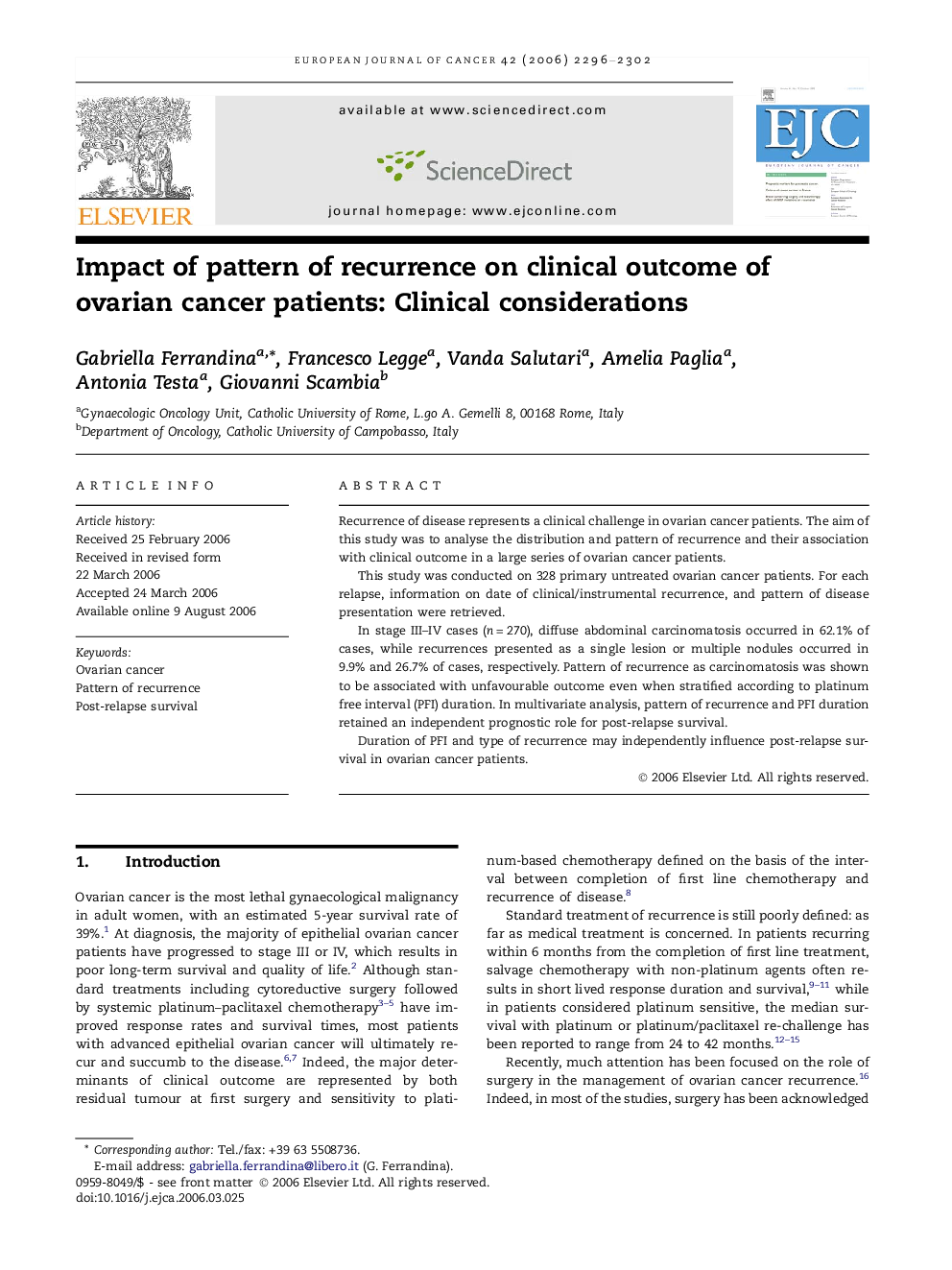 Impact of pattern of recurrence on clinical outcome of ovarian cancer patients: Clinical considerations