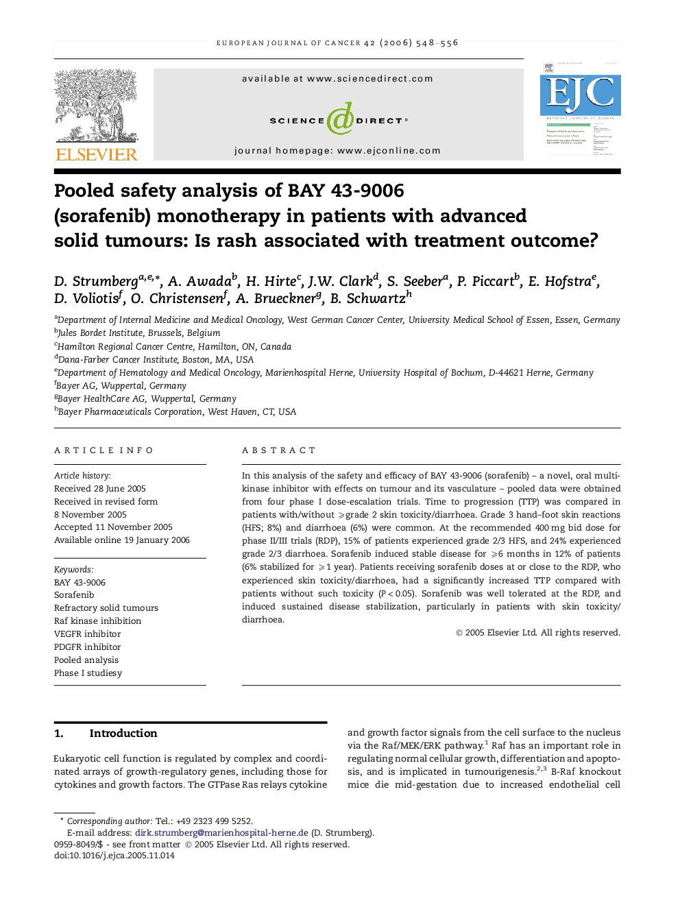 Pooled safety analysis of BAY 43-9006 (sorafenib) monotherapy in patients with advanced solid tumours: Is rash associated with treatment outcome?