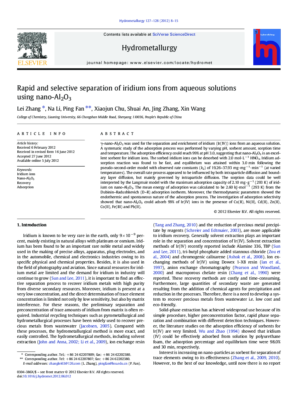 عکس صفحه اول مقاله: Rapid and selective separation of iridium ions from aqueous solutions using nano-Al2O3 Rapid and selective separation of iridium ions from aqueous solutions using nano-Al2O3