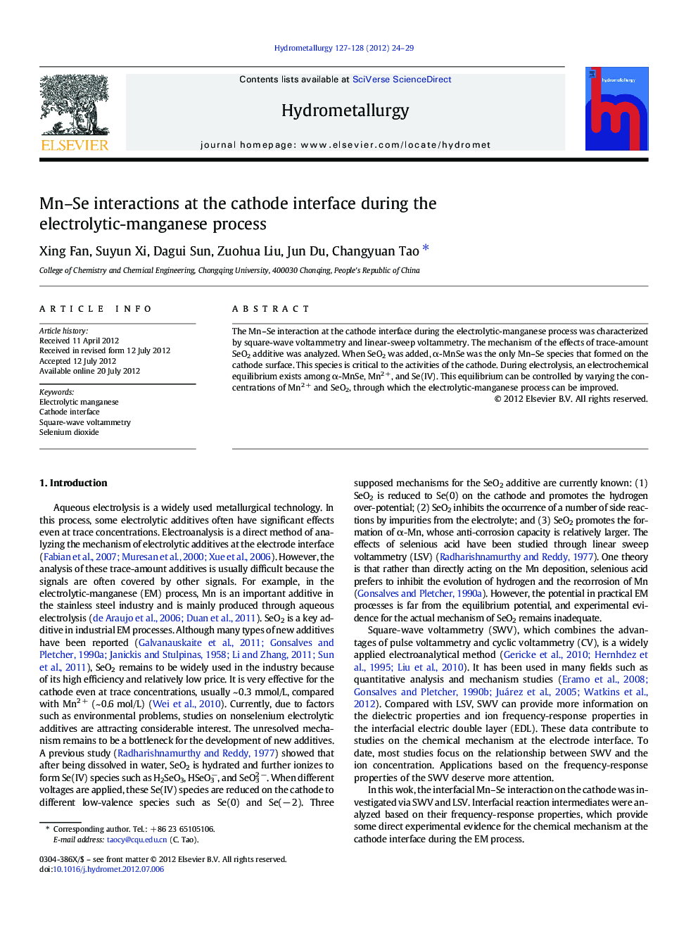 Mn–Se interactions at the cathode interface during the electrolytic-manganese process