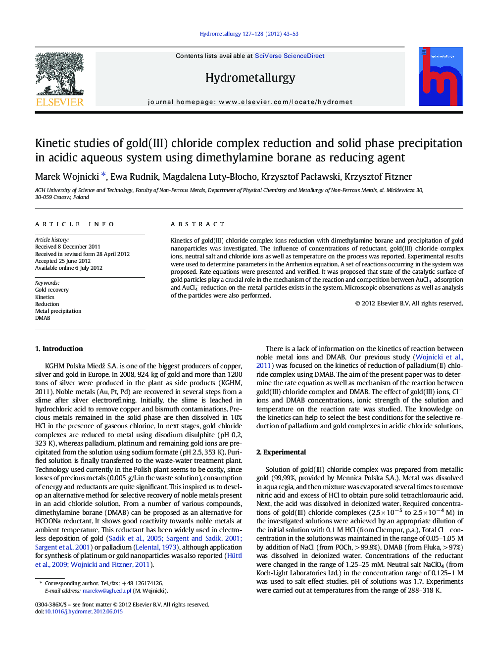 Kinetic studies of gold(III) chloride complex reduction and solid phase precipitation in acidic aqueous system using dimethylamine borane as reducing agent