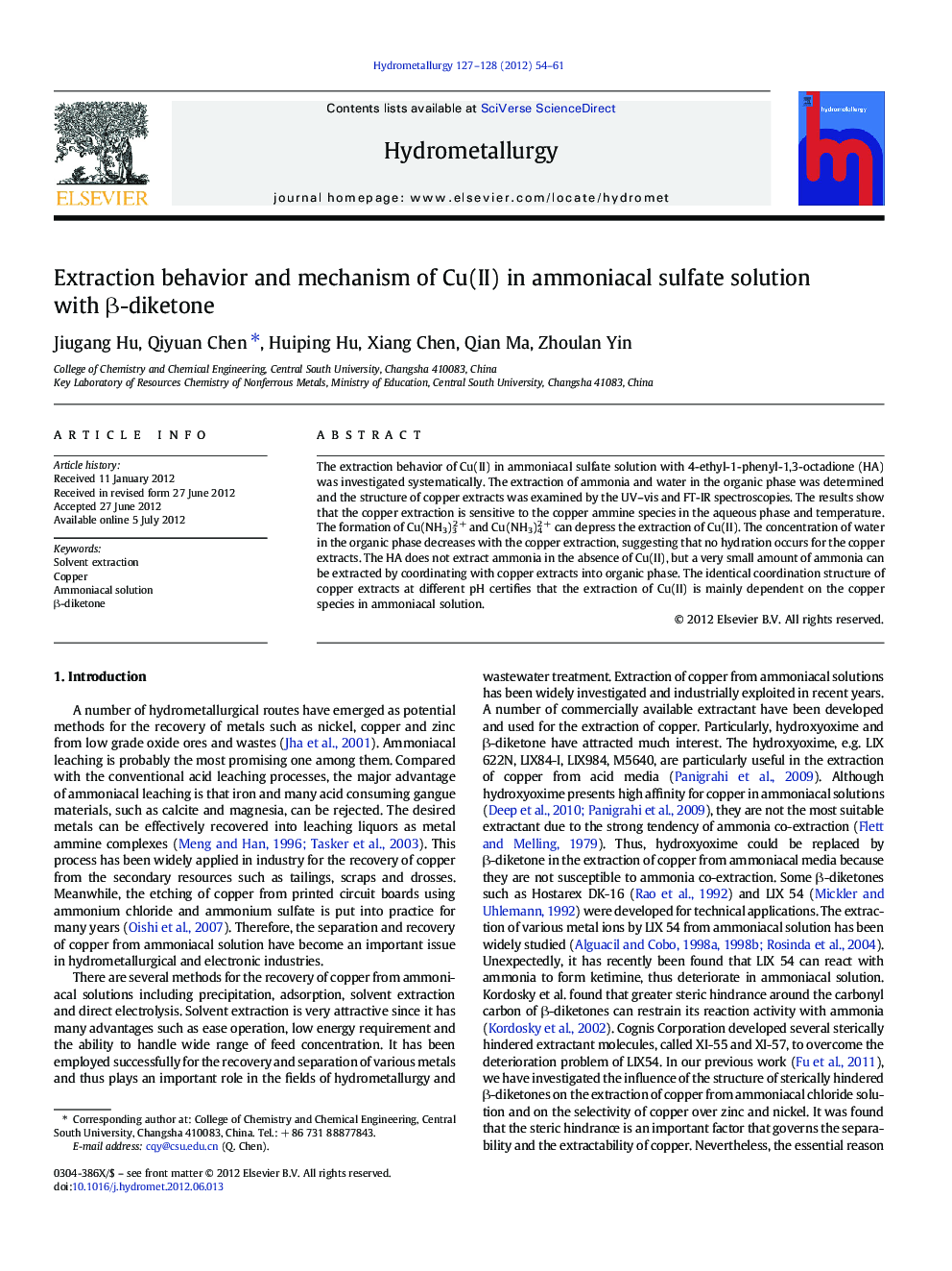 عکس صفحه اول مقاله: Extraction behavior and mechanism of Cu(II) in ammoniacal sulfate solution with β-diketone Extraction behavior and mechanism of Cu(II) in ammoniacal sulfate solution with β-diketone