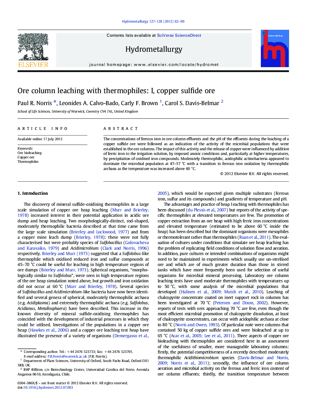 Ore column leaching with thermophiles: I, copper sulfide ore