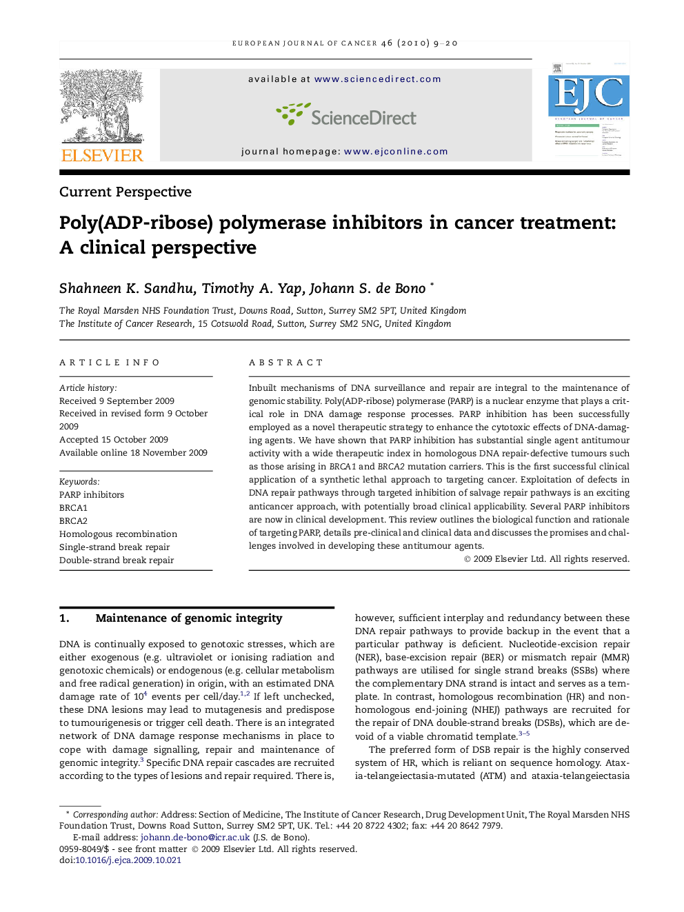 Poly(ADP-ribose) polymerase inhibitors in cancer treatment: A clinical perspective