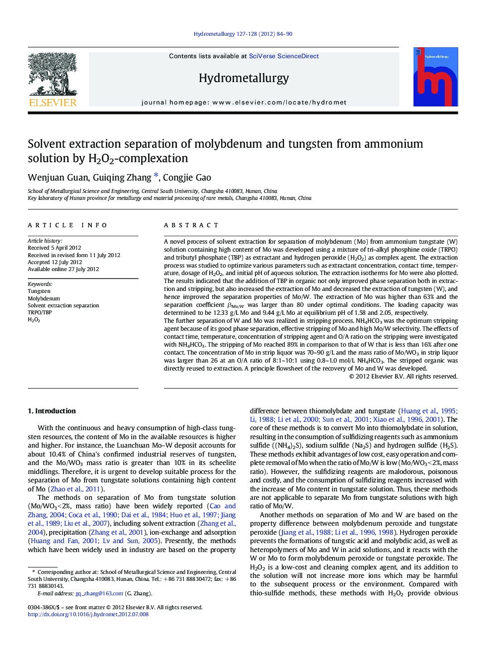 Solvent extraction separation of molybdenum and tungsten from ammonium solution by H2O2-complexation