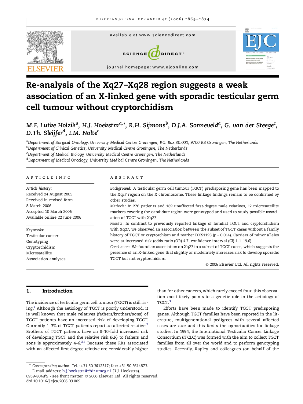 Re-analysis of the Xq27–Xq28 region suggests a weak association of an X-linked gene with sporadic testicular germ cell tumour without cryptorchidism