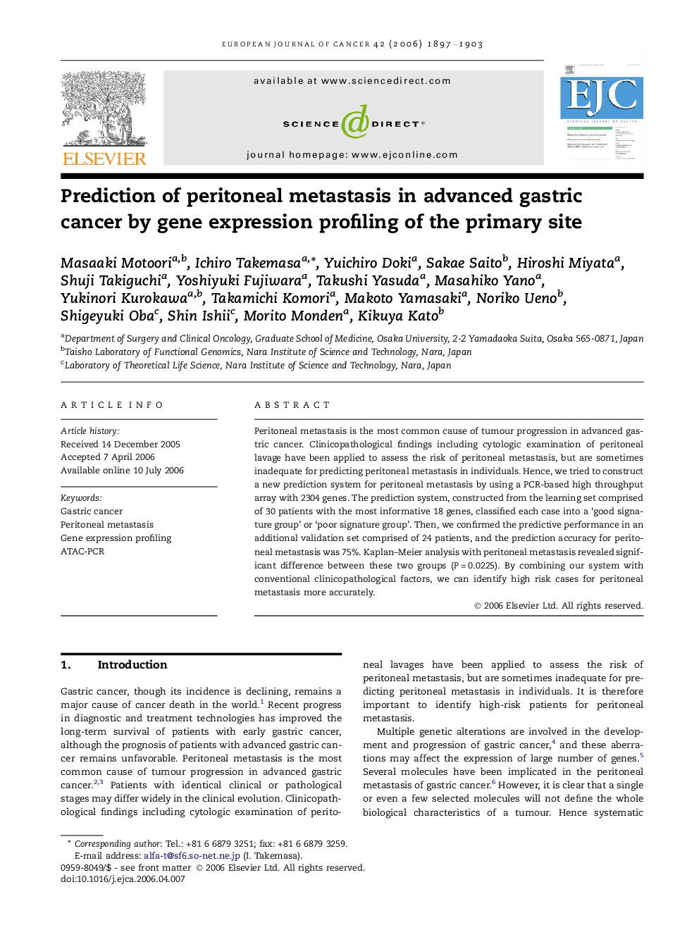 Prediction of peritoneal metastasis in advanced gastric cancer by gene expression profiling of the primary site