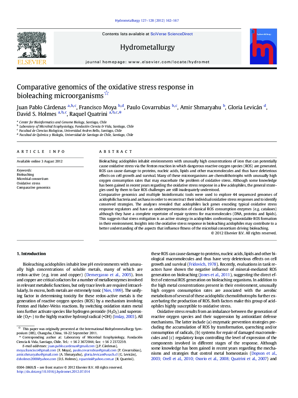 Comparative genomics of the oxidative stress response in bioleaching microorganisms 