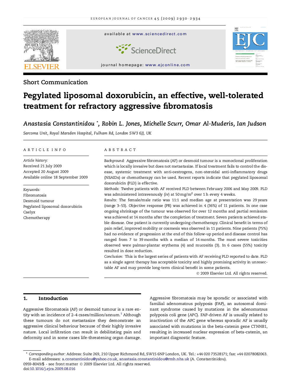 Pegylated liposomal doxorubicin, an effective, well-tolerated treatment for refractory aggressive fibromatosis