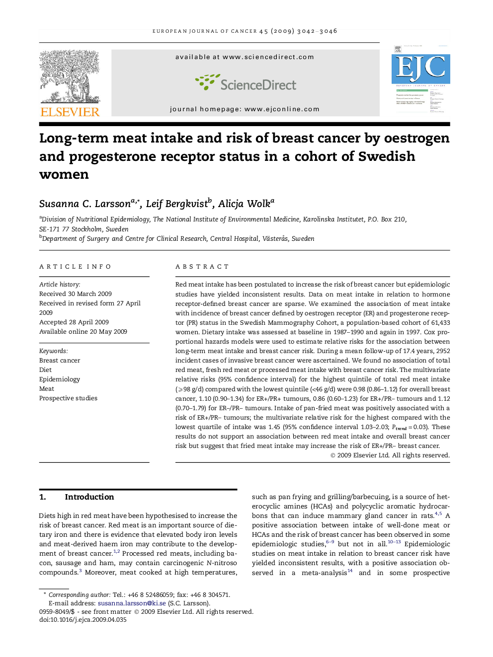 Long-term meat intake and risk of breast cancer by oestrogen and progesterone receptor status in a cohort of Swedish women