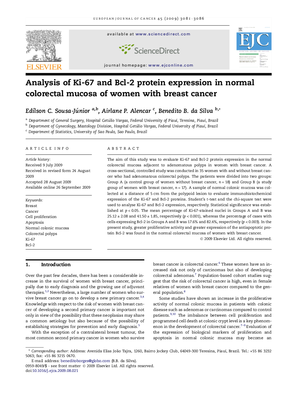 Analysis of Ki-67 and Bcl-2 protein expression in normal colorectal mucosa of women with breast cancer