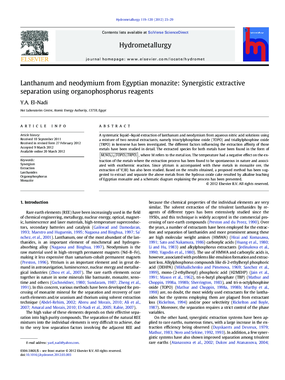 عکس صفحه اول مقاله: Lanthanum and neodymium from Egyptian monazite: Synergistic extractive separation using organophosphorus reagents Lanthanum and neodymium from Egyptian monazite: Synergistic extractive separation using organophosphorus reagents