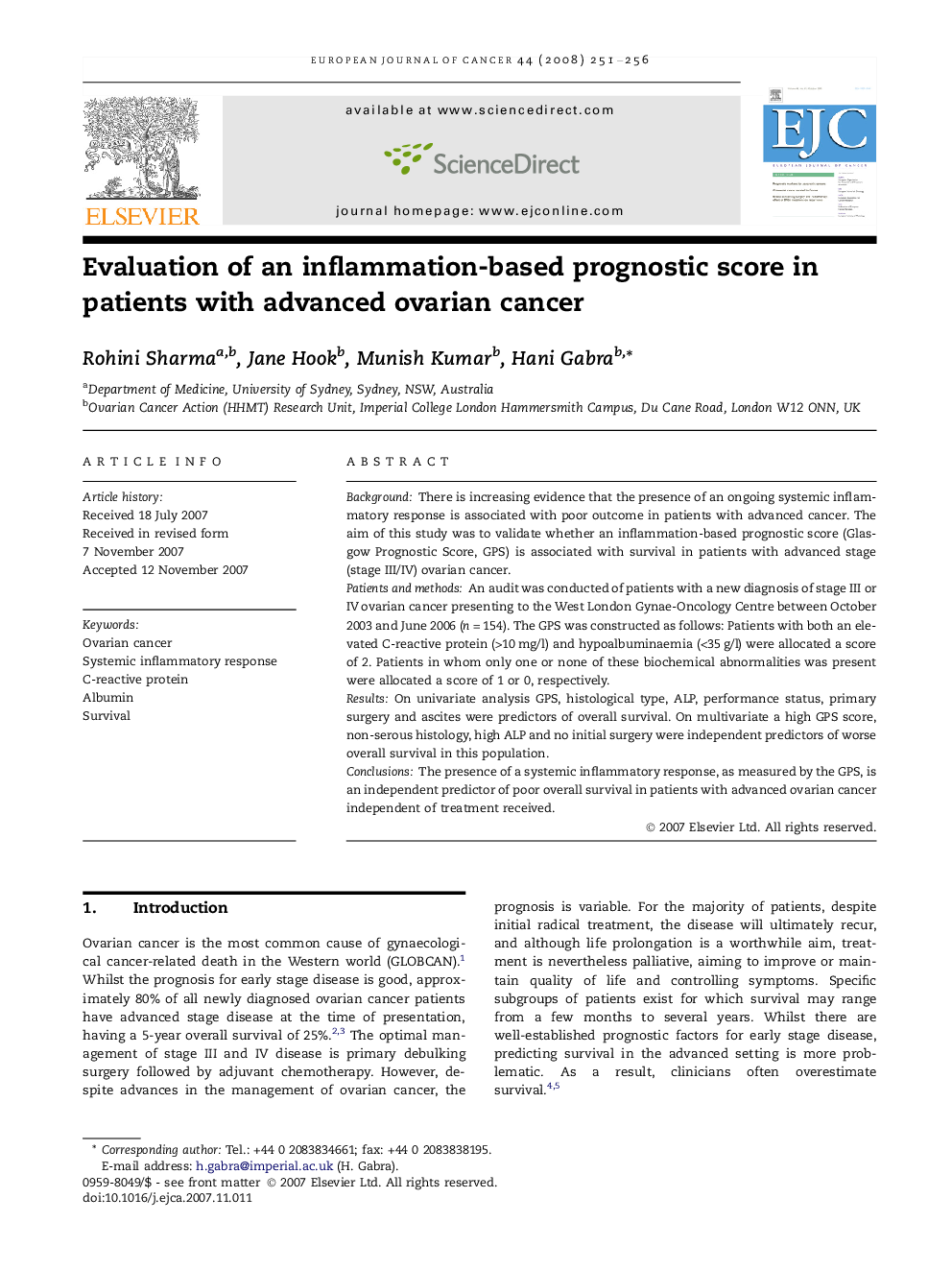 Evaluation of an inflammation-based prognostic score in patients with advanced ovarian cancer