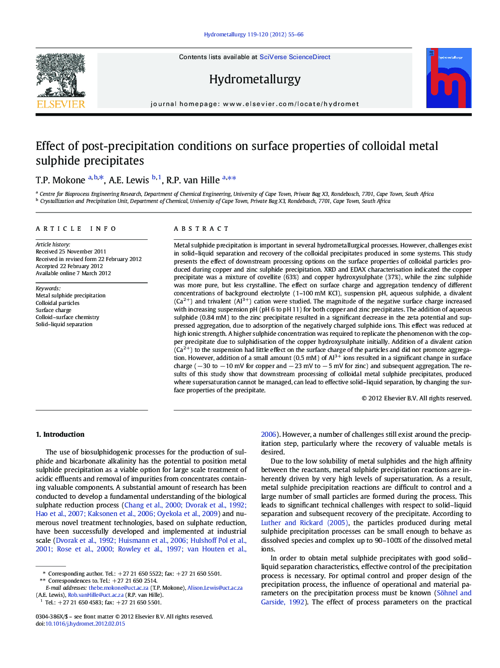 Effect of post-precipitation conditions on surface properties of colloidal metal sulphide precipitates