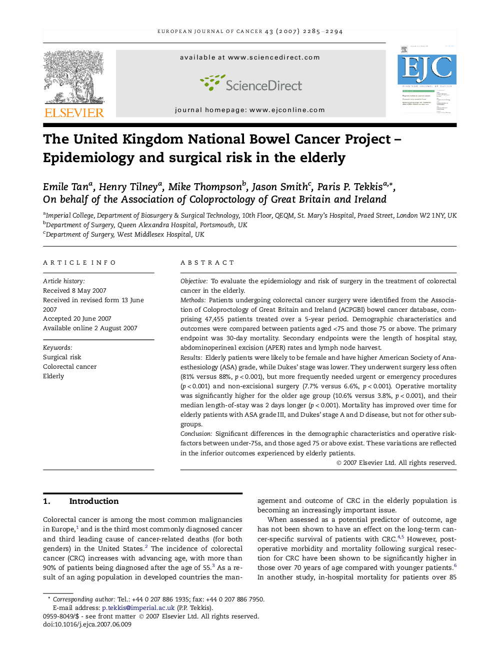 The United Kingdom National Bowel Cancer Project – Epidemiology and surgical risk in the elderly