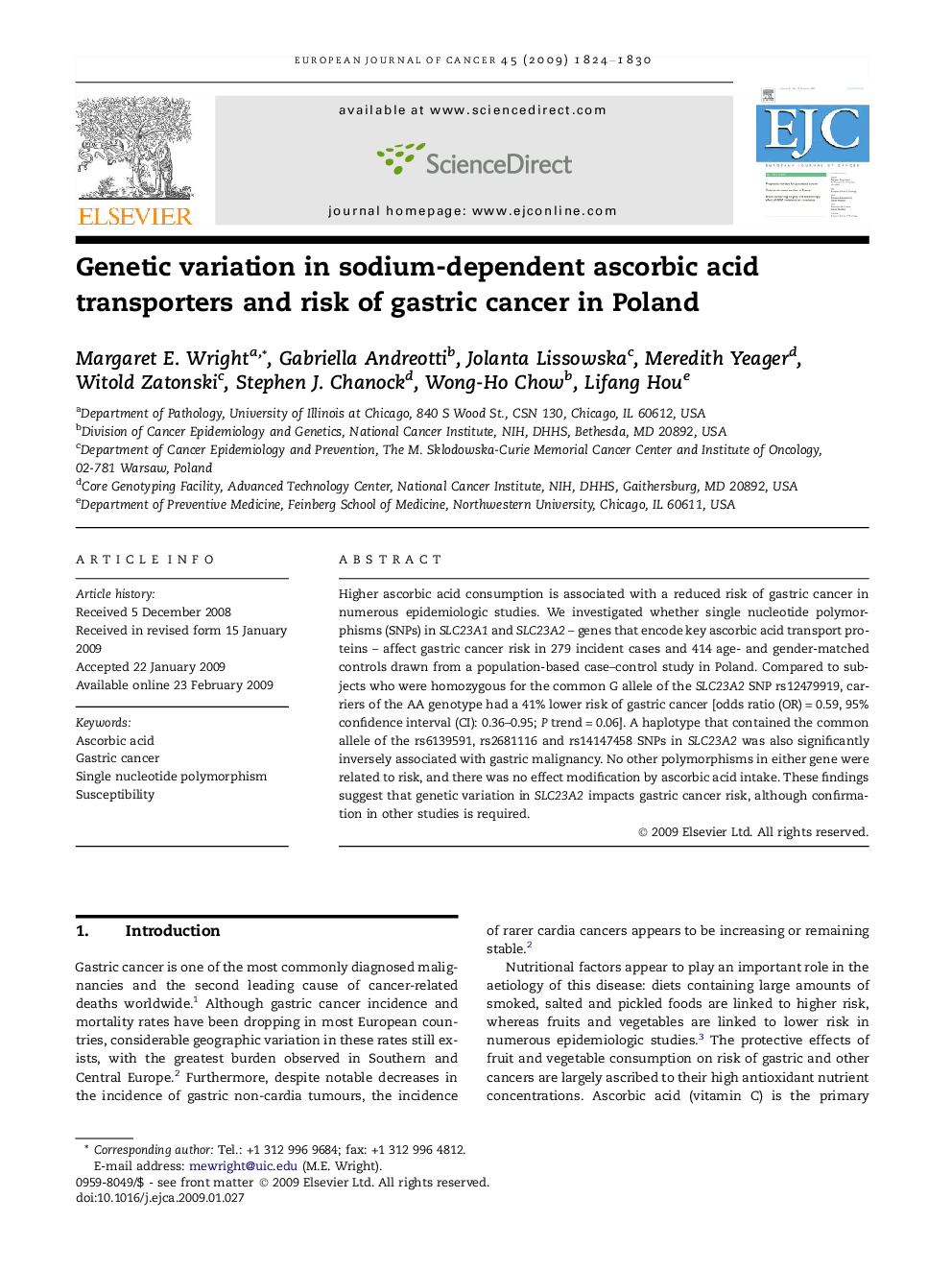 Genetic variation in sodium-dependent ascorbic acid transporters and risk of gastric cancer in Poland