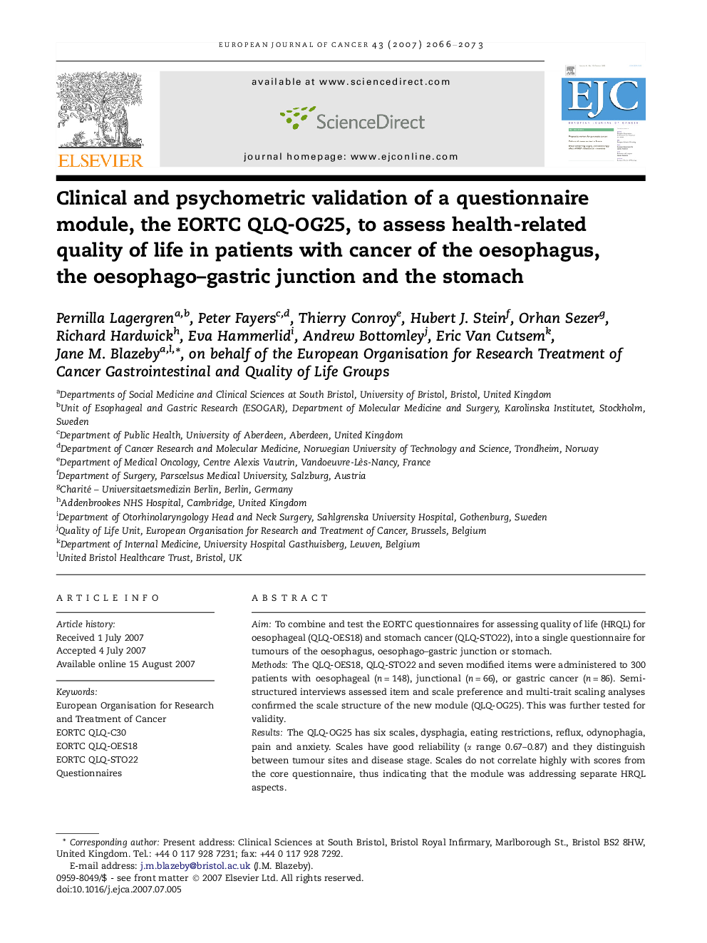 Clinical and psychometric validation of a questionnaire module, the EORTC QLQ-OG25, to assess health-related quality of life in patients with cancer of the oesophagus, the oesophago–gastric junction and the stomach