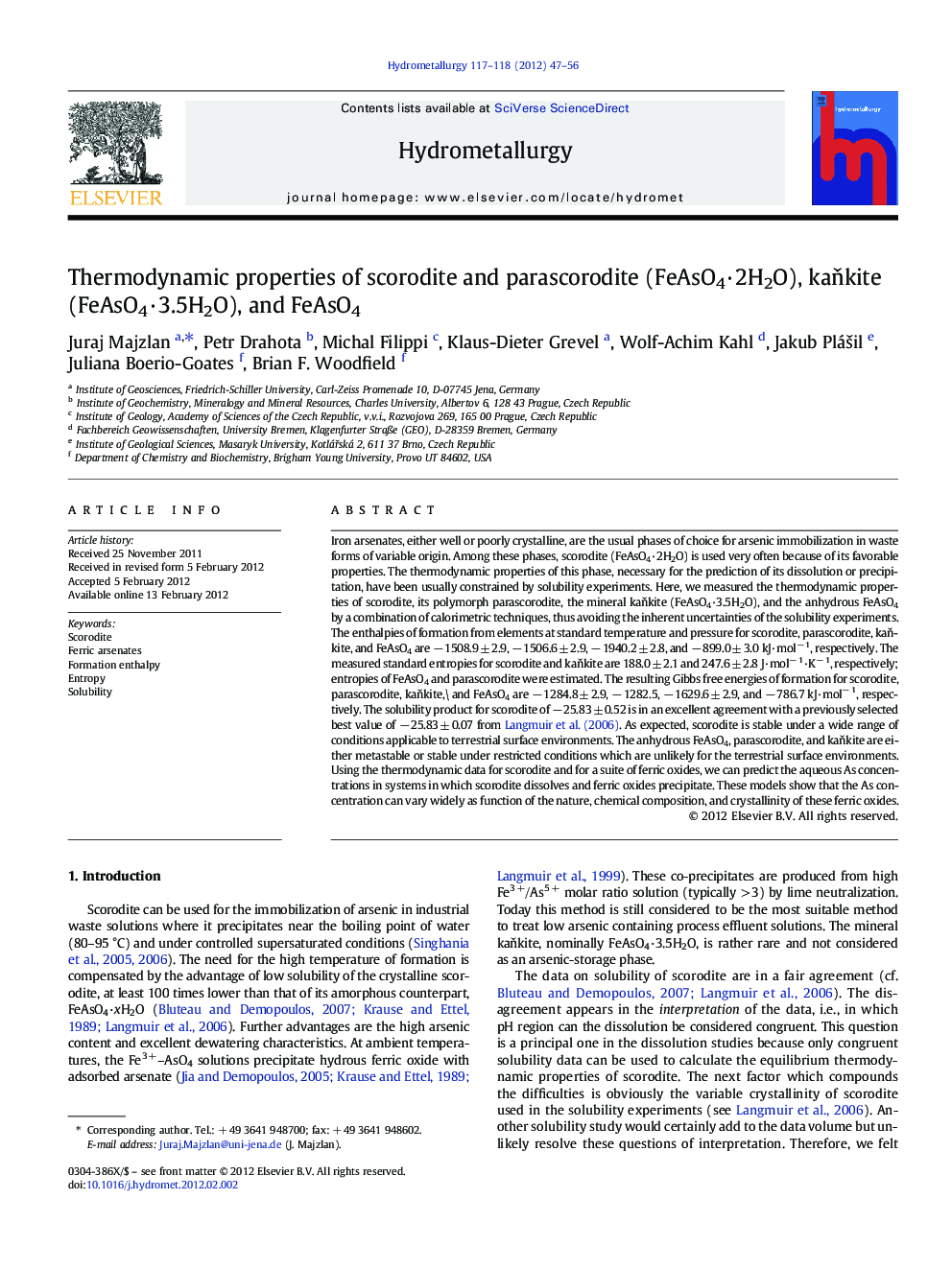 Thermodynamic properties of scorodite and parascorodite (FeAsO4·2H2O), kaňkite (FeAsO4·3.5H2O), and FeAsO4