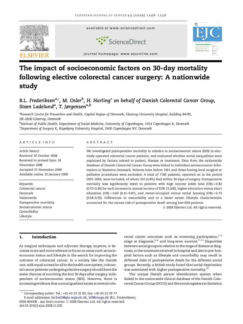 The impact of socioeconomic factors on 30-day mortality following elective colorectal cancer surgery: A nationwide study