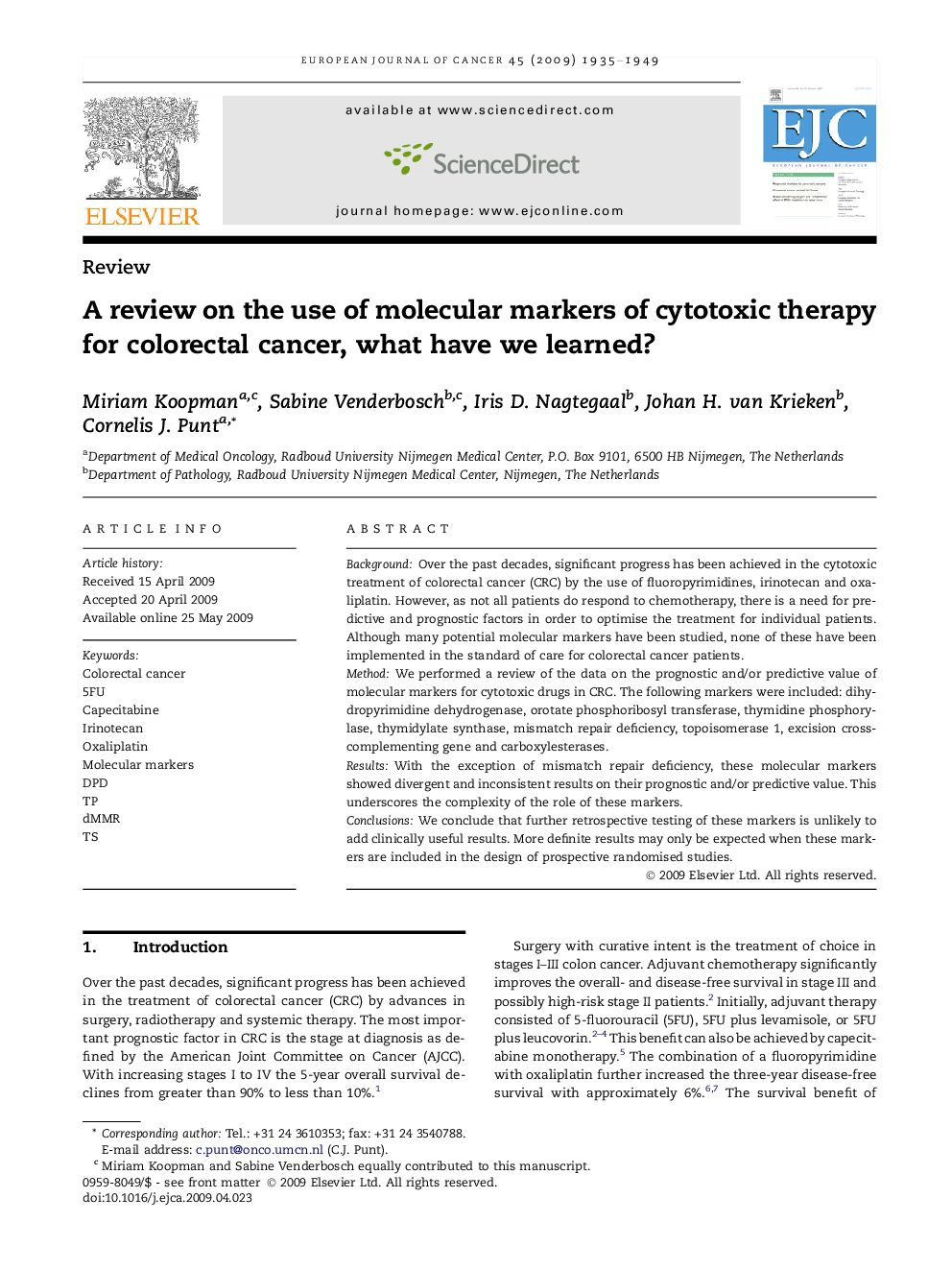 A review on the use of molecular markers of cytotoxic therapy for colorectal cancer, what have we learned?