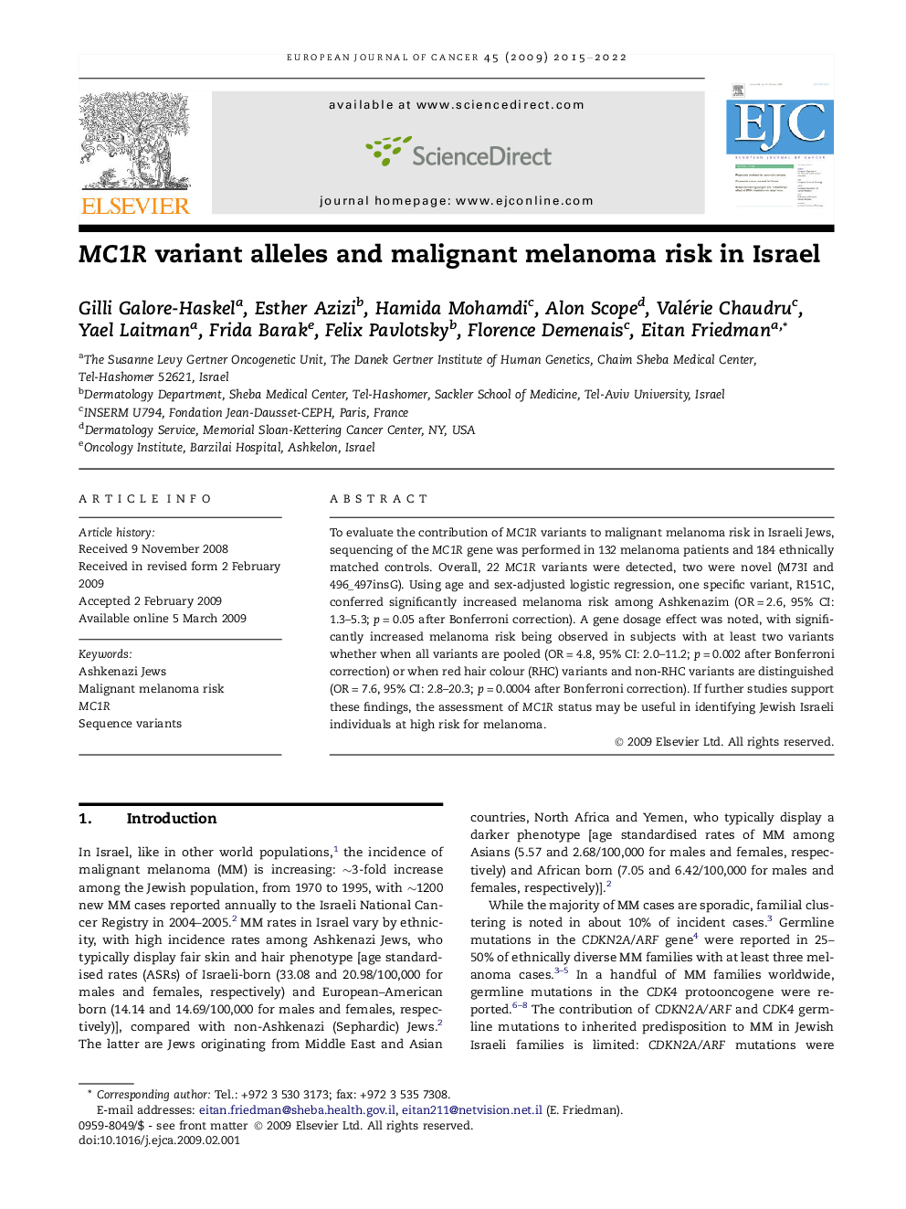 MC1R variant alleles and malignant melanoma risk in Israel