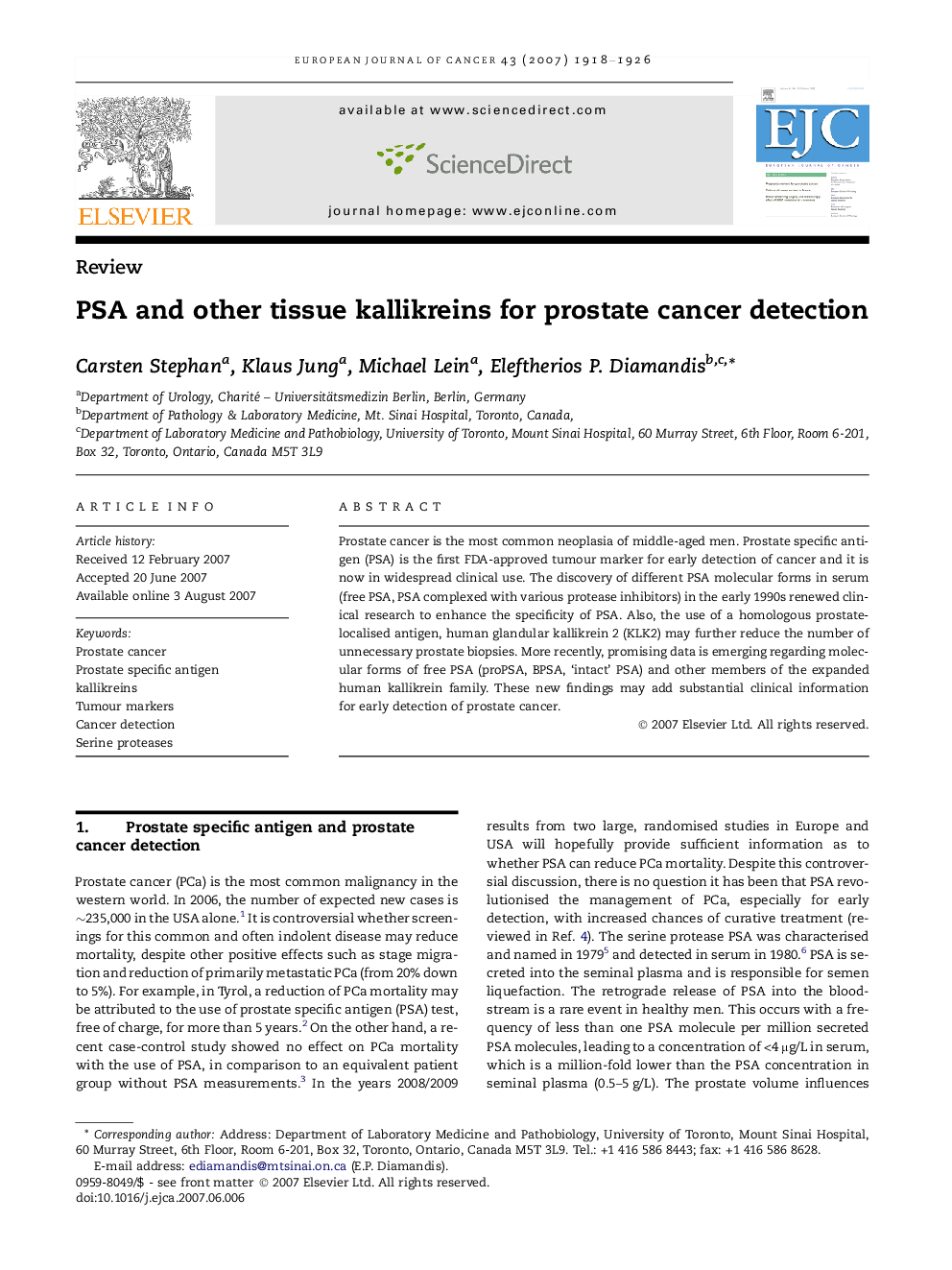 PSA and other tissue kallikreins for prostate cancer detection